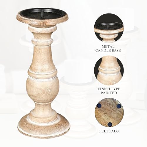 The Wooden Town White Wash Candle Holder Set of 3 – 10", 8", 6" Rustic Pillar Stands – Turned Wood Columns for Home Decor, Weddings, Spa, Parties – Country Farmhouse Style - color: White Wash, size: 6"+8"+10" - High