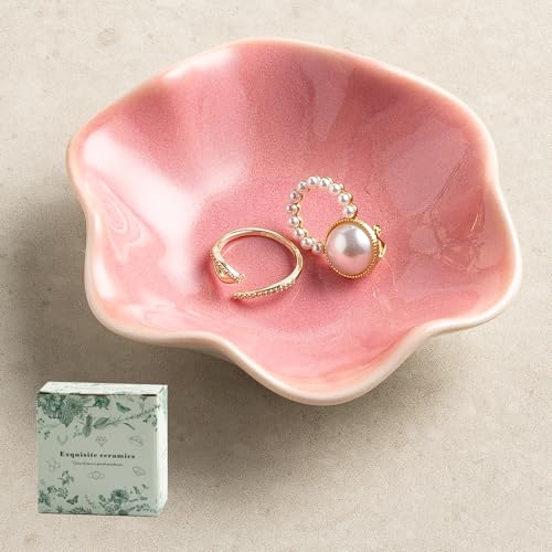 Ceramic Trinket Dish for Jewelry, Lotus Leaf Shape Small Ring Dish Tray, Jewelry Dish Organizer for Necklace Earrings, Home Decor Gift for Mom Best Friend Sister (Pink) - color: Pink