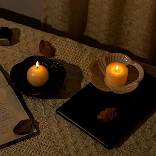 Koythin Ceramic Candlestick Holder for Pillar Candles, Floral Shape Candle Stand & Dish Bowl for Candlesticks, Incense, Decorative Ceramic Plate Tray for Table Centerpiece and Home Decor (White) - color: White