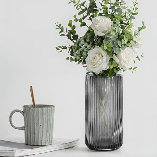 Modern Glass Vase 10 Inch Tall Grey Vases for Flowers-Thick Glass Cylinder Ribbed Vases for Bouquet, Table, Kitchen Shelf, Countertop, Decorative Flower Vase for Home Decor Living Room - color: Gray, size: Medium - 10''H