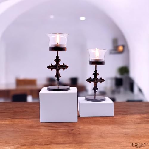 Hosley Set of 6 Black Metal & Glass Votive Candle Holders | Decorative Tea Light Holders for Home Decor, Wedding, Parties, and Dining Table Centerpieces - color: Bronze3