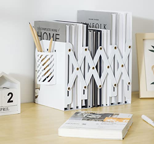 Kingsmile Book Ends, Adjustable Bookends for Shelves, Metal Bookends for Heavy Books, Book Stopper Organzier with Pen Holder for Desk, Kids Room, Office, Classroom, Library, Study Room.(White) - color: White