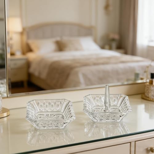 Clear Crystal Ring Holder Set of 2 Glass Jewelry Ring Dish Tray Gifts for Women on Engagement Wedding Party Mother's Day - color: clear-square