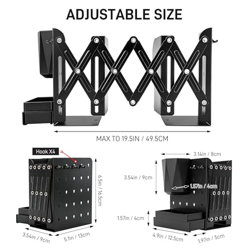 2 PCS Adjustable Bookends,19" Metal Book Ends for Heavy Books with Removable Pen Holder, Tray, and 4 Hook-up, Book Shelf Holder for Office, School, Bookstore, cookbooks