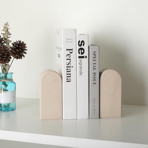 Koville African Natural Marble Bookends for Shelves, 7lbs Heavy-Duty Marble Book Holders, Decorative Book Ends, Bookshelf Apartment Decor for Normal Books/CD/Video Games - color: Moleanos Beige, size: 7lb