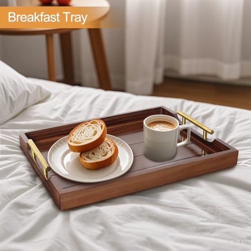 SXNOWS Ottoman Tray, Large Wooden Serving Tray with 2 Sets of Handles for Coffee Table, Rustic Living Room Kitchen Decor, 4 Round Coasters Included, Dark Brown - color: Rustic Brown