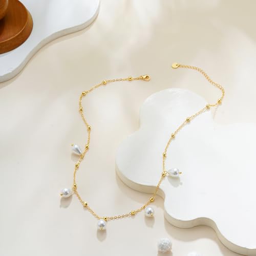 Mothers Day Gifts - 14K Gold Plated Pearl Necklaces for Women Trendy Dainty Necklace Simple Layered Gold Pearl Necklace for Women Mothers Day Wedding Birthday Gifts - color: 6-Satellite Pearl necklace