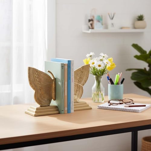 Decorative Butterfly Bookends, Muted Matte Vintage Gold Heavy Duty Metal Book Ends with Non-Slip Felt Base, Shelf Organizer for Home and Office