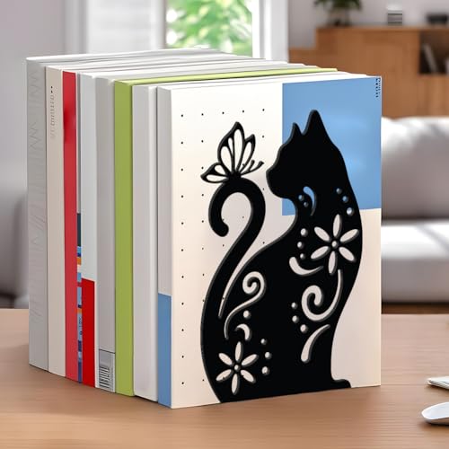 WADORN Cat Flowers Metal Bookends for Shelves Decorative 1 Pair, Animal Heavy Duty Books End Support Non-Skid Book Holder Black L-Shaped Book Stopper for Home Office Desk Book Divider, 4.7x3.5x7 Inch - color: Floral Cat