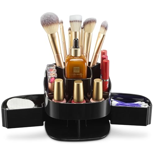 Masirs 360° Rotating Makeup Organizer for Vanity – Small Acrylic Cosmetic Storage Caddy with 5 Compartments, Mini Lazy Susan Turntable for Bathroom Counter, Skincare, Perfume, Brushes, Black - color: Square Black