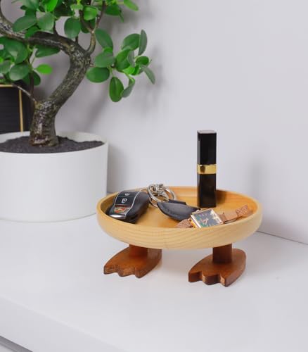 Wood Key Bowl for Entryway Table, Key Tray, Jewelry Tray, Valet Tray with 2 Cute Duck Feet, for Rings, Coins, Bracelets Watches - size: Round