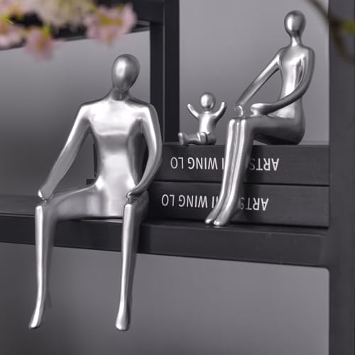 Quoowiit Bookshelf Decor Family Statue, Abstract Miniature Figurines Home Decor, Modern Aesthetic Shelf Decorations for Office Desk Table Desk Living Room Book Shelf Bedroom Entry Set of 3 - Silver - color: Silver