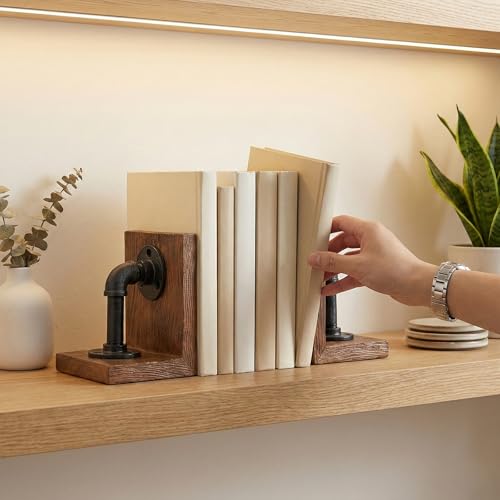 Industrial Decor Book Ends - Steampunk Decor Book Ends for Shelves, Resin Book Ends for Heavy Books, Mens Office Decor Bookends for Shelves, Unique Vintage Pipe Decorative Bookends - color: Dark Brown