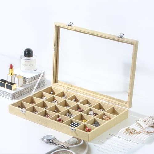 Coward Jewelry Organizer Box, Yellow Linen 24 Grids Ring Earring Jewelry Display Tray Case with Transparent Glass Lid for Home Drawer or Shop Selling - color: Yellow Linen, size: 24Grids Box