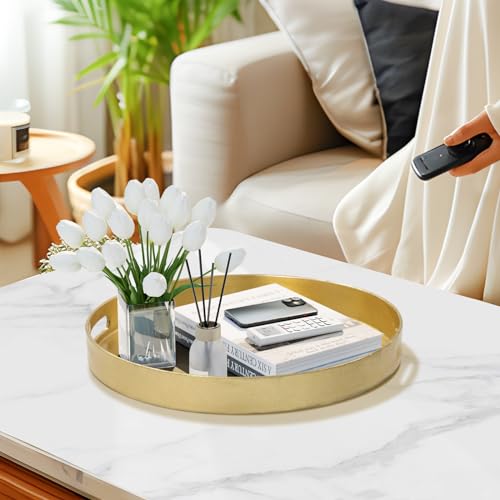 MAONAME 13" Gold Round Decorative Tray for Coffee Table, Modern Serving Tray with Handles, Foil Ottoman Trays, Bathroom Decor - size: 13"