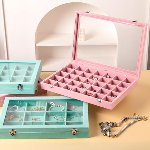 Frebeauty Velvet Jewelry Tray,24 Grid Jewelry Organizer with Clear Lid,Earring Holder Organizer with Clasp,Drawer Insert Rings Pendants Brooches,13.8 x 9.5 x 2 Inches,Gift for Women Girls(Turquoise) - color: Turquoise, size: 24 Grid
