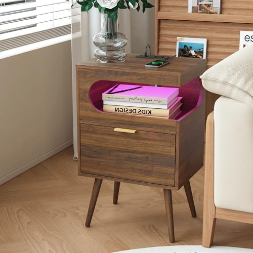 Veegle Nightstand,Modern Bedside Table with Storage Drawer and Open Wood Shelf, Accent Night Stand with Solid Wood Legs for Living Room, Bedroom and Small Spaces,Easy Assembly (Walnut Brown) - color: Walnut Brown