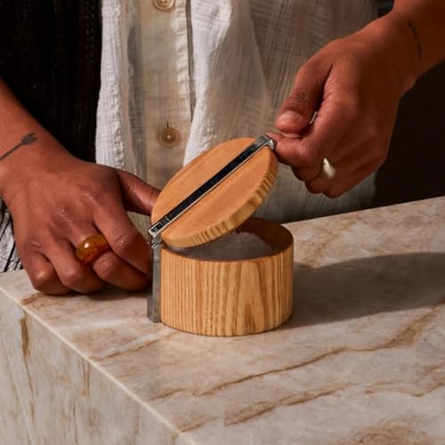 Holcomb Stash Salt Cellar – Handcrafted Ash Wood Salt Box with Lid & Metal Accent Elegant Countertop Luxury Salt Holder for Sea Salt, Spices Modern Kitchen Essentials, Home Decor Hostess Gifts