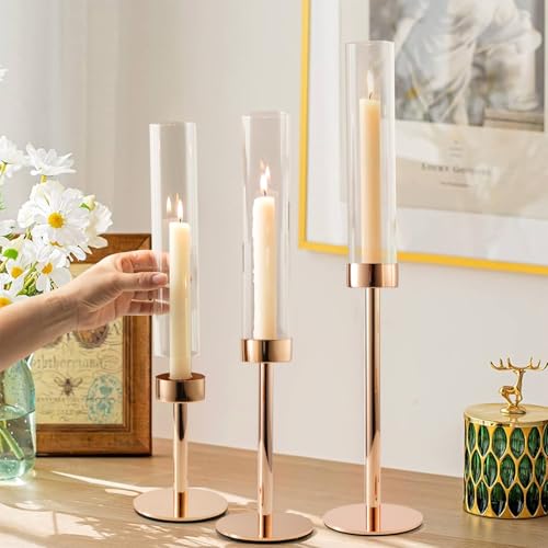 Gold Hurricane Candle Holders, Set of 6 Glass Taper Candlestick Holders Metal Candle Stands Bulk with Glass Cover for Dining Tables Wedding Candelabra Centerpieces Decor - color: Gold