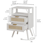 JOONEE Rattan Nightstand with Charging Station,Farmhouse Bedside Table with 2 Storage Drawer and Open Wood Shelf, for Bedroom and Small Spaces,Night Stand with Solid Wood Legs (White-Outlet) - color: White-outlet