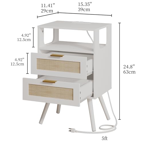 JOONEE Rattan Nightstand with Charging Station,Farmhouse Bedside Table with 2 Storage Drawer and Open Wood Shelf, for Bedroom and Small Spaces,Night Stand with Solid Wood Legs (White-Outlet) - color: White-outlet