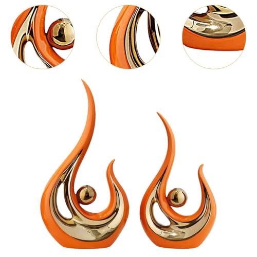 Set of 2 Abstract Statues, Modern Resin Sculptures, Handcrafted Figurines for Living Room and Library, Orange Golden