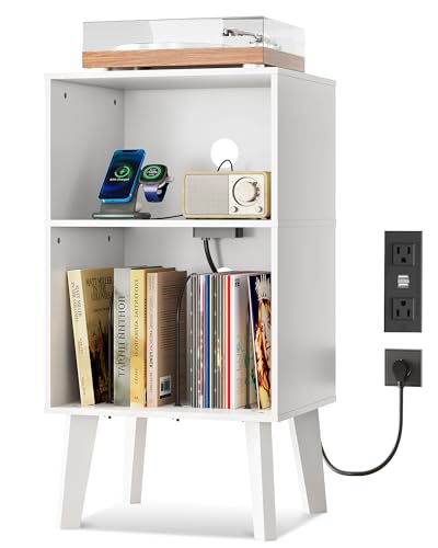 WLIVE Modern Nightstand with Storage, Small Space Bedside Table, End Table for Bedroom & Living Room, Mid Century Night Stand with Open Shelf & Sturdy Wood Legs, White - color: White