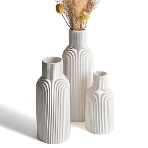 White Ceramic Vases Set of 3 - Modern Matte Ribbed Vases for Pampas Grass & Dried Flowers - Minimalist Decorative Centerpieces for Living Room, Shelf, Entryway & Wedding - color: White