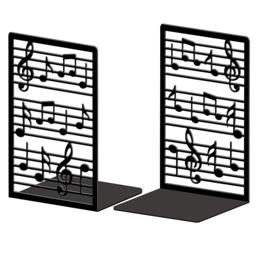 Peacoblue Metal Bookends for Shelves, Modern Decorative Heavy Duty Study Book Ends Stoppers for Office, Desk, Shelf, Room 5.3"x4.3"x7.9" Cast Iron Simple Tall Bookends 1 Pair (Music Notes and Staves) - style: Music Notes and Staves