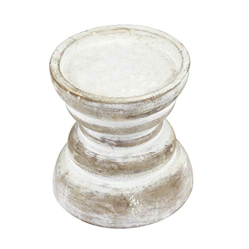 Stonebriar Antique White Wooden Pillar Candle Holder, Vintage Seaside Pillar Stand for Dining Table Centerpiece, Coffee Table, Mantel, Or Any Table Top, Small - color: Off White, size: 4 inches