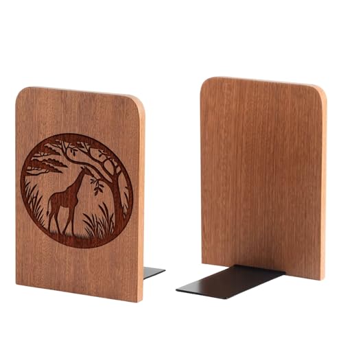 Giraffe Gifts, Giraffe Bookends - Heavy Duty Iron & Ebony Wood Book Ends for Shelves Bookcase Desk - 1 Pair, 4.72x6.69 Inches - Eating Leaves - color: Eating