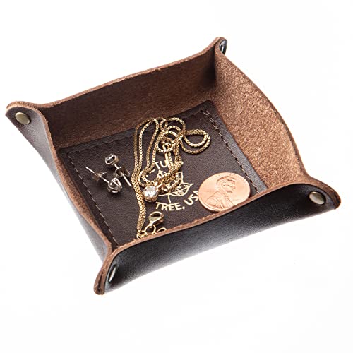 USA Handmade Premium Leather Valet Tray, Jewelry Organizer With Brass Rivets (Dark Walnut Brown, Mini) - color: Dark Walnut Brown, size: 2.5" x 2.5" x 1"