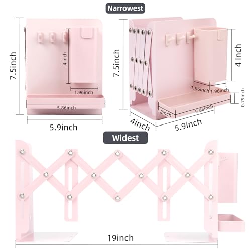 Adjustable Bookends, 19" Metal Book Ends for Heavy Books, 2 Dividers Bookends with Removable Pen Holder, Tray, and 3 Hook-up, Book Organizer for Office, School, Bookstore, Home - color: Pink