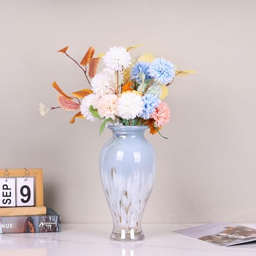 Hand Blown Glass Vase 11.8" Tall Beautiful Blue White Sea Wide Mouth Bud Vase for Table Centerpiece, Painted Colorful Murano Glass Flower Vases for - Home Entrance Wedding Center - color: Blue and White