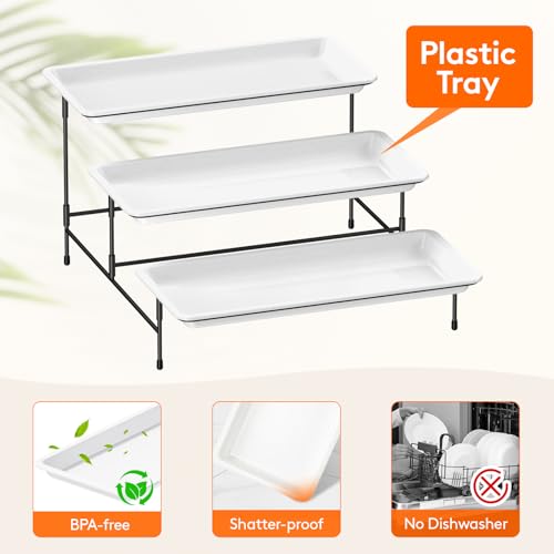 Lifewit 3 Tier Serving Tray, 36 x 17 cm/14 x 6.5" White Plastic Tiered Food Serving Platters, Tiered Tray Stand for Party with Black Collapsible Metal Stand, Dessert Display Stand for Cookies/Crackers - size: 14" x 6.5", style: Basic