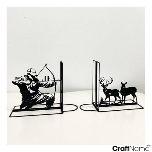 Craftnameisgn Custom Deer Hunting Metal Bookends for Shelves Decorative, Hunter Book Ends Metal Art for Home Office, Book Stopper for Heavy Books, Hunting Book Shelf Holder - color: Design 04