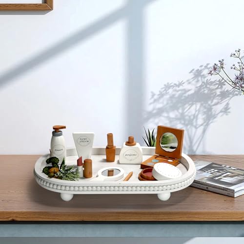 SYNCVIBE Wooden Decorative Tray for Home Decor, Beaded White Oval Tray Decor for Coffee Table, Rustic Wood Serving Trays Farmhouse Centerpieces for Living Room Kitchen Counter (White Oval) - color: White