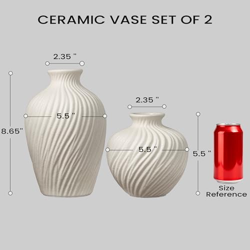 White Ceramic Vase Set of 2 - Modern Flower Vases for Home Decor - Rustic Textured White Vase for Living Room Decor - 8.65×5.5 & 5.5×5.5 Inch Round Vases for Dining Table Centerpiece Decoration