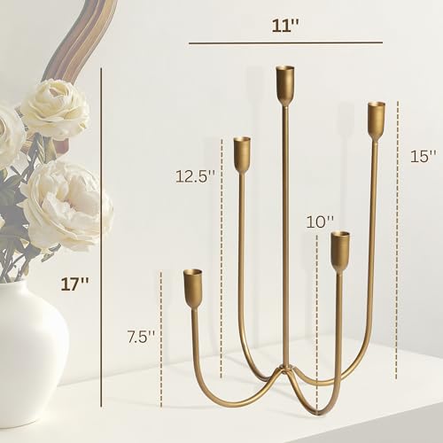 Perfnique 5-Candle Iron Candelabra, 17 Inch Antique Brass Gold Candle Holder, Hand-Forged Cast Gold Candle Holder for Wedding, Event, Christmas & Dining, Table Centerpiece Décor