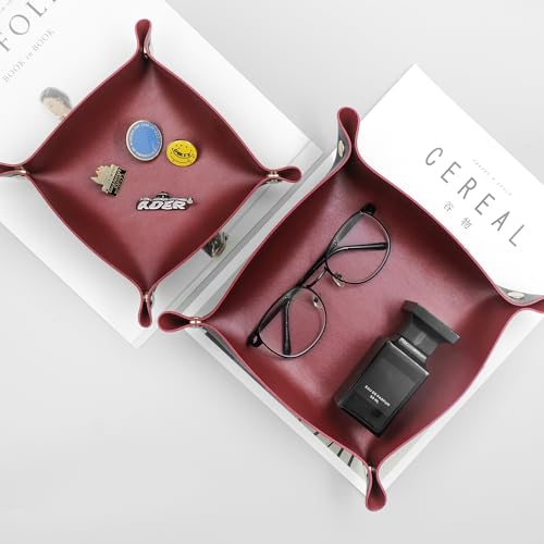 2 Size Leather Valet Tray Organizer, Folding Travel Organizer, Jewelry Tray, For Travel, Home Or Office | Plain Weave, Double Complexion - Red & Black - color: Red & Black