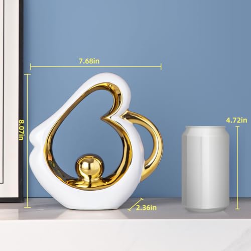 Gold Sculpture Coffee Table Decor, Dining Room Table Centerpieces, Ceramic Statue Abstract Sculptures Home Decorations, Modern Art Heart Shape Mantle Decor for Living Room - color: White and Gold 2