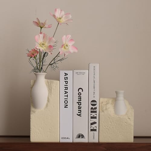 Ceramic Vase Bookends for Shelves, Modern Decorative Bookends with Flower Vase, Aesthetic Bookshelf Decor Book Ends with 2 Artificial Tulip Flowers