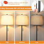 JUNNAI 【Upgraded】 Modern Black Floor Lamp 63in Standing Lamp for Living Room Bedroom Office 3 Way Brightness Dimmable Tall Pole Light with Beige Linen Shade Metal Shade 8W 3000K LED Bulb Included - color: Black