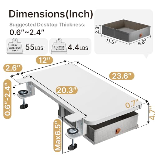 PEGZONE Desk Extender Tray, 24" x 12" Clamp On Desk Shelf, Desk Extension with Storage Drawer, Table Desk Arm Rest, Clamp On Keyboard Tray for Office and Home, Workstation Organizer, Medium, White - size: 24 x 12 inch, style: White with Drawer