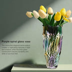 9 Inch Height Glass Flower Vase, Elegant Purple Spiral Twist Design, Heavy Base, Modern Art Decor with Diagonal Pattern for Home Centerpiece