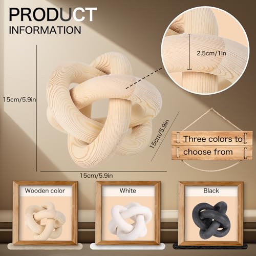 3 Link Hand Carved Wood Knot, Wood Chain Link Decor, Rustic Decorative Objects for Home, Living Room, Bedroom, Coffee Table, Modern Farmhouse Shelf Decor (White)