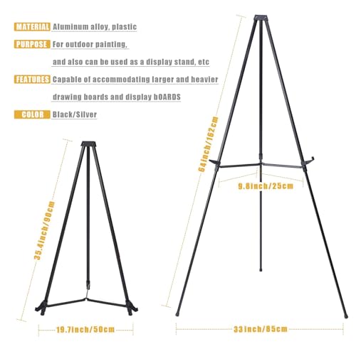 MXG Professional Aluminum Foldable Display Easel for Painting, Signs, Poster, 33-64" Height Adjustable Table Top & Floor Metal Tripod for Canvas, Art, Exhibits, Office, Outdoor - Black - color: Black