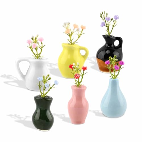 6 Packs Mini Ceramic Vase Magnets for Fridge, Fingertip Vase, Cute Tiny Plant Vase Fridge Magnets for Kitchen Refrigerator Office Locker Decoration with 6 Fake Flowers
