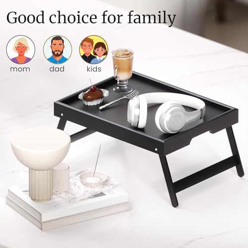 VERTORGAN 3 Pack Bamboo Bed Tray Table with Folding Legs,Breakfast Trays,Serving Tray,Laptop Tray for Working,Food Snack Tray for Bed and Sofa(Black) - color: Black