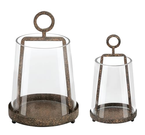 6" & 4" Wide Modern Farmhouse Metal Hurricane Candle Holder with Handmade Sturdy Glass Sleeve in Rustic Brown for Pillar Candle & Plants, Glass Hurricane Lantern, Industrial, Minimalistic - color: Brown, size: 6"x10" & 4"x7.5"